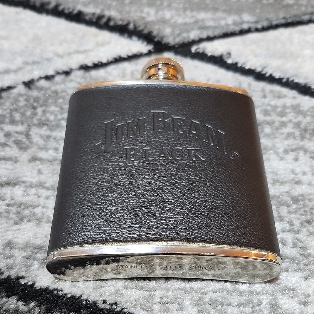 VINTAGE JIM BEAM BLACK EMBOSSED FAUX-LEATHER STAINLESS STEEL 6OZ FLASK